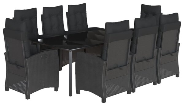 9 részes fekete polyrattan kerti étkezőgarnitúra párnákkal