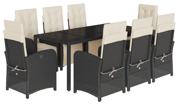 9 részes fekete polyrattan kerti étkezőgarnitúra párnákkal