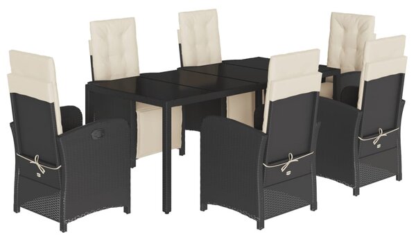 7 részes fekete polyrattan kerti étkezőgarnitúra párnával