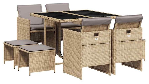 9 részes vegyes bézs polyrattan kerti étkezőgarnitúra párnákkal