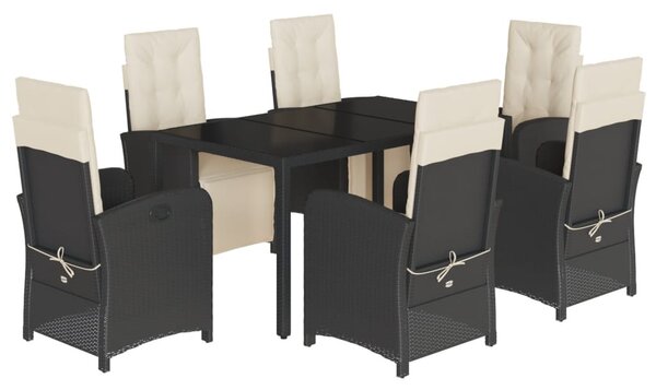 7 részes fekete polyrattan kerti étkezőgarnitúra párnával