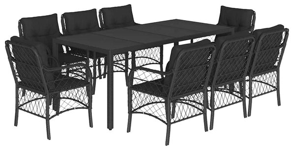 9 részes fekete polyrattan kerti étkezőgarnitúra párnákkal