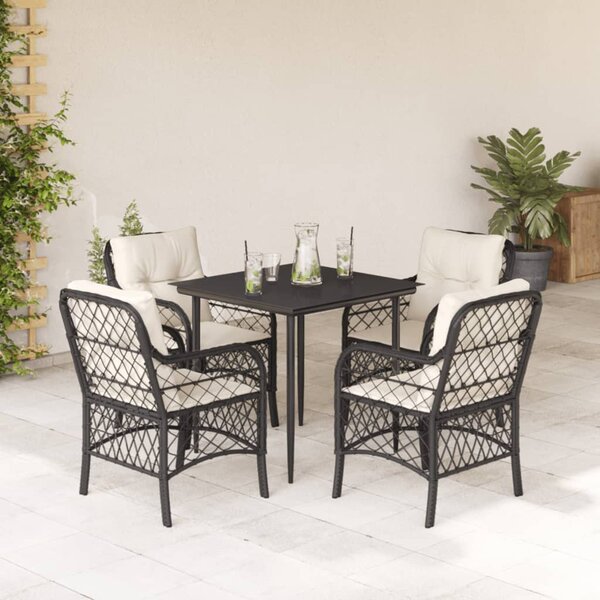 5 részes fekete polyrattan kerti étkezőgarnitúra párnákkal