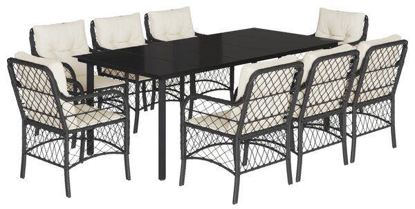 9 részes fekete polyrattan kerti étkezőgarnitúra párnákkal