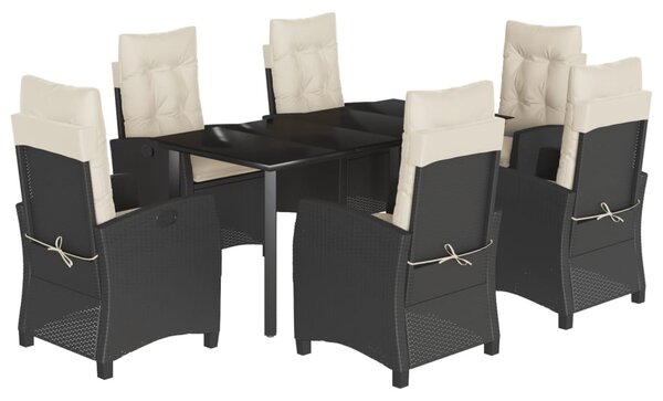 7 részes fekete polyrattan kerti étkezőgarnitúra párnával