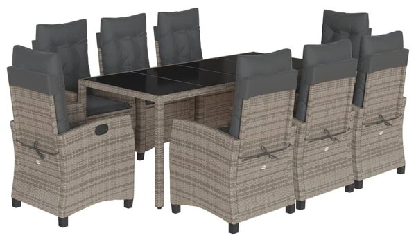 9 részes szürke polyrattan kerti étkezőgarnitúra párnával