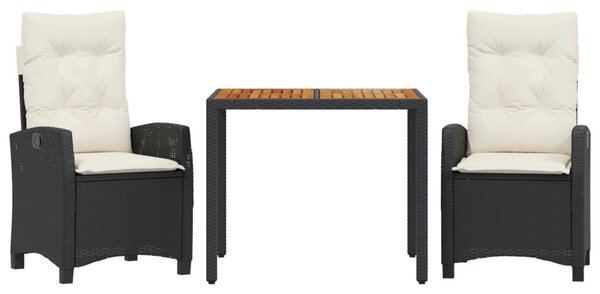 3 részes fekete polyrattan kerti étkezőgarnitúra párnákkal