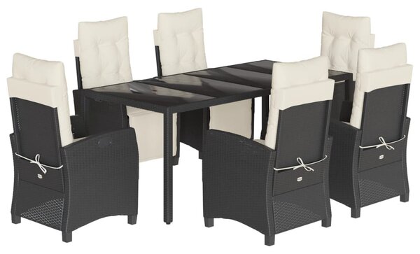 7 részes fekete polyrattan kerti étkezőgarnitúra párnával