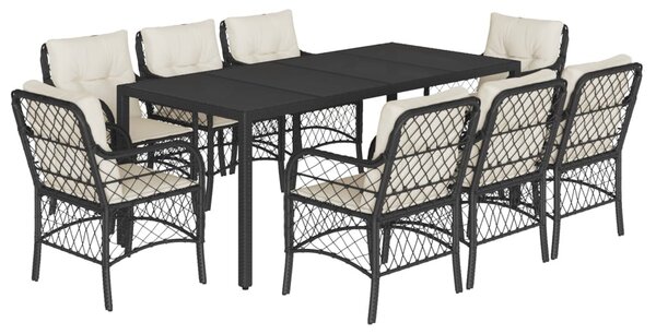 9 részes fekete polyrattan kerti étkezőgarnitúra párnákkal