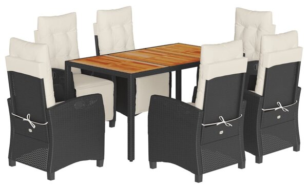 7 részes fekete polyrattan kerti étkezőgarnitúra párnával