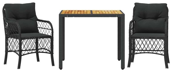 3 részes fekete polyrattan bisztrógarnitúra párnával