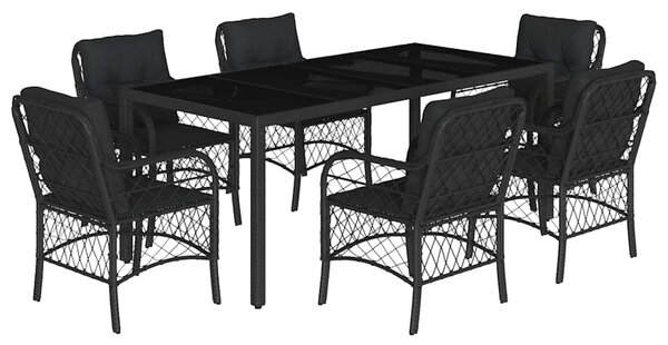 7 részes fekete polyrattan kerti étkezőgarnitúra párnával