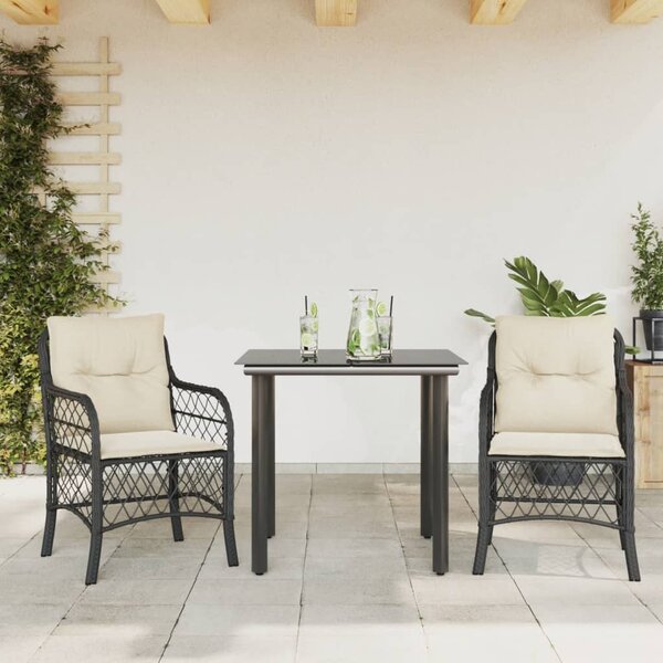 3 részes fekete polyrattan bisztrógarnitúra párnával