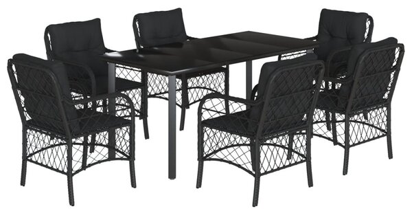 7 részes fekete polyrattan kerti étkezőgarnitúra párnával