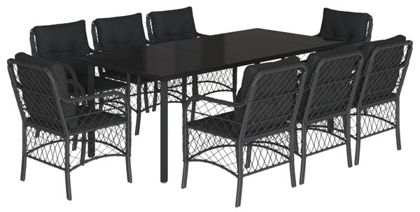 9 részes fekete polyrattan kerti étkezőgarnitúra párnákkal