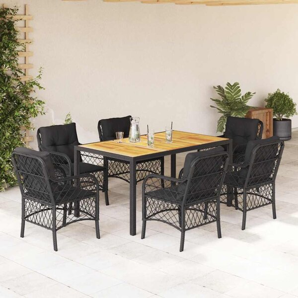 7 részes fekete polyrattan kerti étkezőgarnitúra párnával