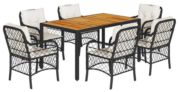 7 részes fekete polyrattan kerti étkezőgarnitúra párnával