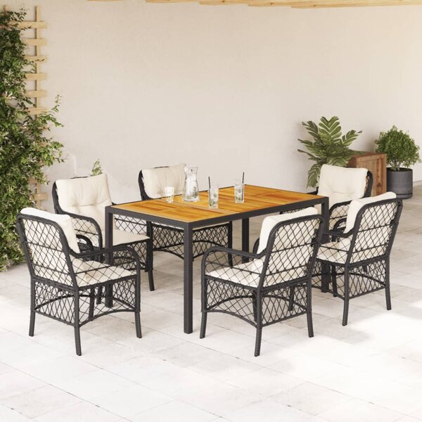 7 részes fekete polyrattan kerti étkezőgarnitúra párnával