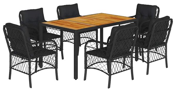 7 részes fekete polyrattan kerti étkezőgarnitúra párnával