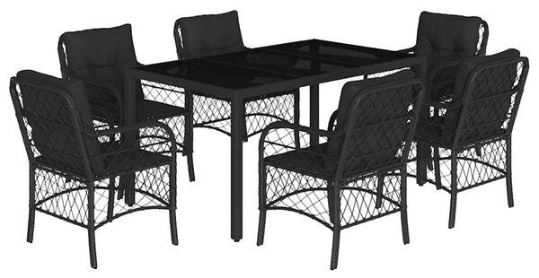7 részes fekete polyrattan kerti étkezőgarnitúra párnával
