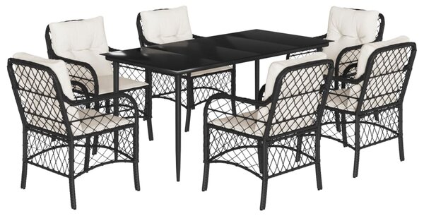 7 részes fekete polyrattan kerti étkezőgarnitúra párnával