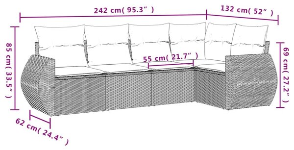 5 részes fekete polyrattan kerti kanapészett párnákkal