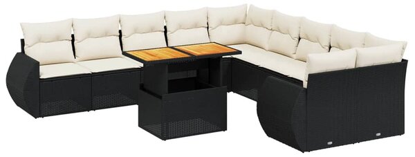 11 részes fekete polyrattan kerti ülőgarnitúra párnákkal
