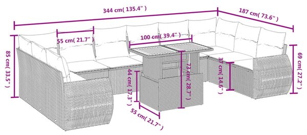 11 részes fekete polyrattan kerti ülőgarnitúra párnákkal