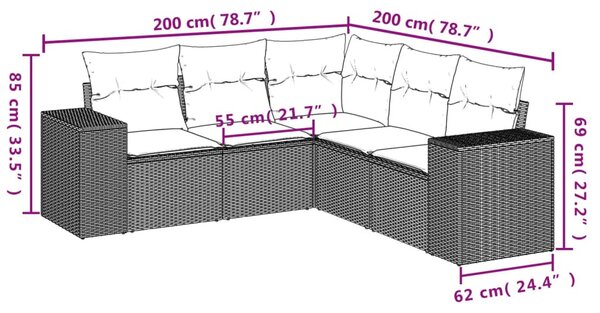5 részes fekete polyrattan kerti kanapészett párnákkal