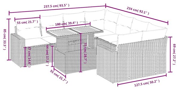 9 részes fekete polyrattan kerti ülőgarnitúra párnákkal