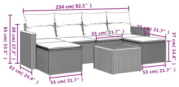 7 részes fekete polyrattan kerti ülőgarnitúra párnával