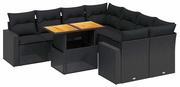 9 részes fekete polyrattan kerti ülőgarnitúra párnákkal