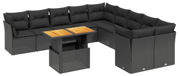 11 részes fekete polyrattan kerti ülőgarnitúra párnákkal