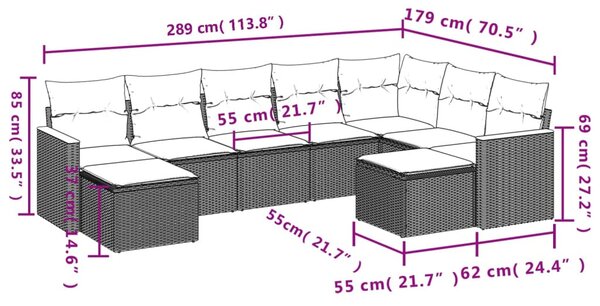 9 részes szürke polyrattan kerti ülőgarnitúra párnákkal
