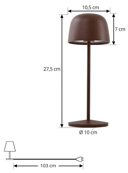 Lindby LED akkumulátoros asztali világítás Arietty, barna, dimmelhető, IP65, dimmelhető, Barna / rozsda, Nappali / Étkező, Alumínium, Modern