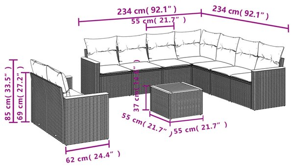 10 részes szürke polyrattan kerti ülőgarnitúra párnákkal