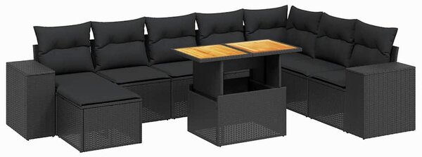 9 részes fekete polyrattan kerti ülőgarnitúra párnákkal