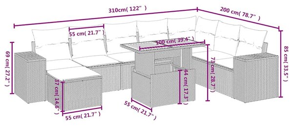 9 részes fekete polyrattan kerti ülőgarnitúra párnákkal