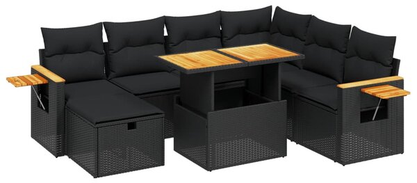 8 részes fekete polyrattan kerti ülőgarnitúra párnákkal