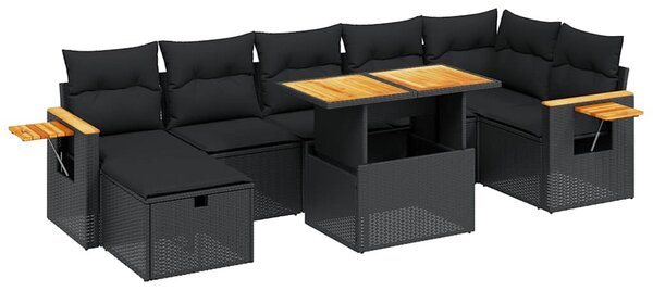 8 részes fekete polyrattan kerti ülőgarnitúra párnákkal