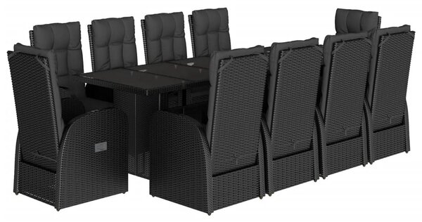 11 részes fekete polyrattan kerti étkezőgarnitúra párnákkal
