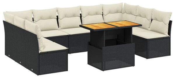 10 részes fekete polyrattan kerti ülőgarnitúra párnákkal
