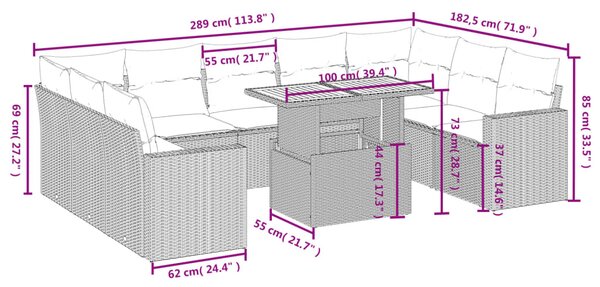 10 részes fekete polyrattan kerti ülőgarnitúra párnákkal