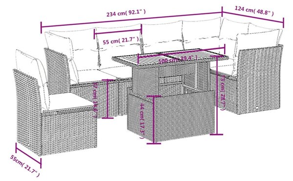 7 részes fekete polyrattan kerti ülőgarnitúra párnával