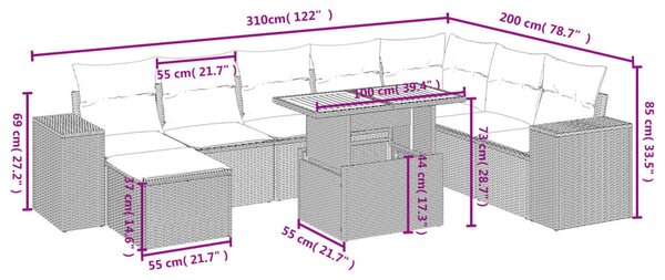 9 részes bézs polyrattan kerti ülőgarnitúra párnákkal