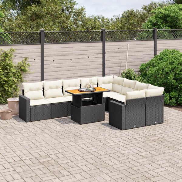 10 részes fekete polyrattan kerti ülőgarnitúra párnákkal