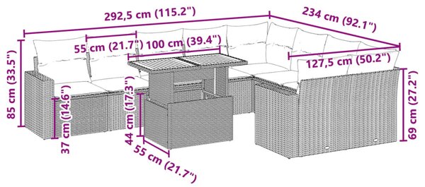 10 részes fekete polyrattan kerti ülőgarnitúra párnákkal