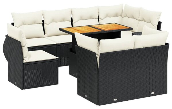 9 részes fekete polyrattan kerti ülőgarnitúra párnákkal