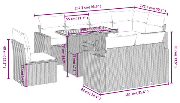 9 részes bézs polyrattan kerti ülőgarnitúra párnákkal