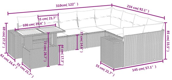 10 részes fekete polyrattan kerti ülőgarnitúra párnákkal